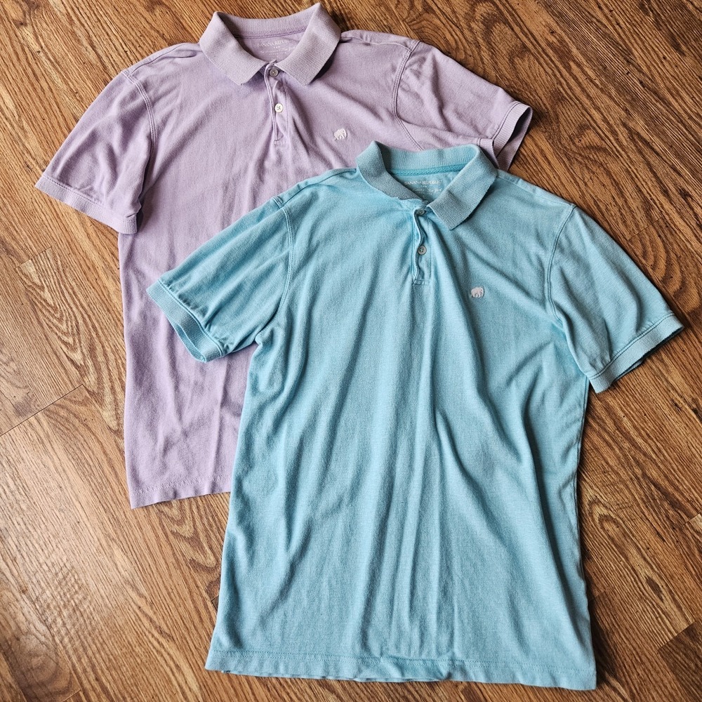 2 Banana Republic Mens L Blue Purple Short Sleeve 1/4 Button Up Embroidered Logo